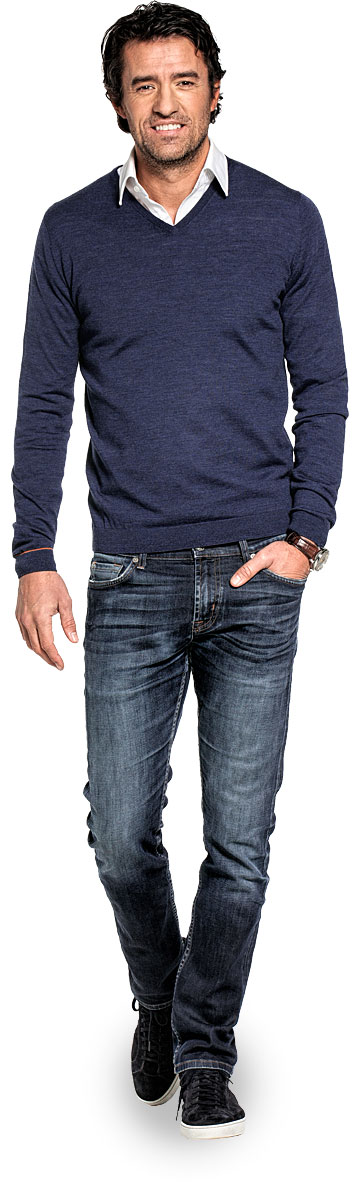 V-Neck voor mannen gemaakt van merinowol in het Blauw