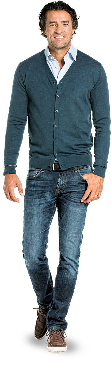 Vest met knopen voor mannen gemaakt van merinowol in het Blauwgroen