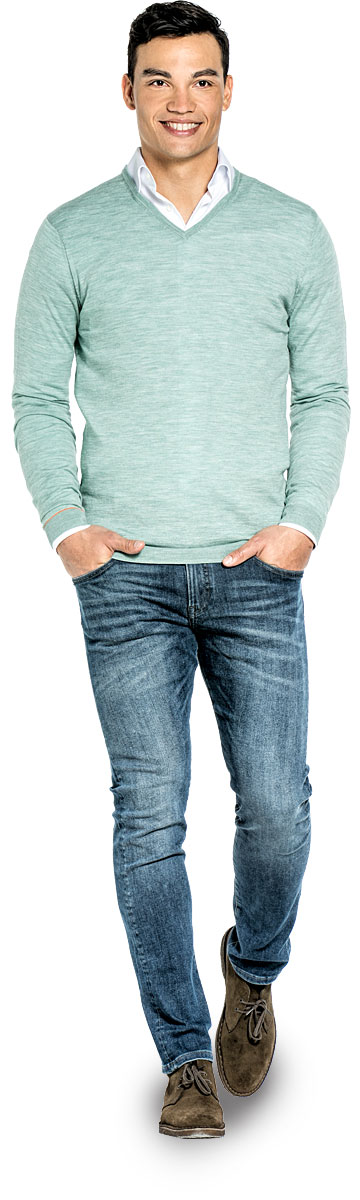 Extra long V Neck sweater for men made of Merino wool in Light green