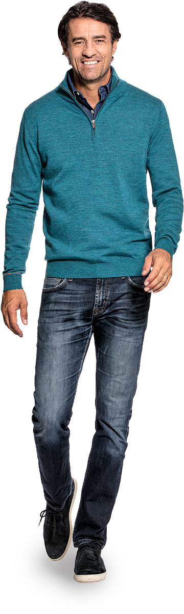 Half zip sweater for men made of Merino wool in Blue green