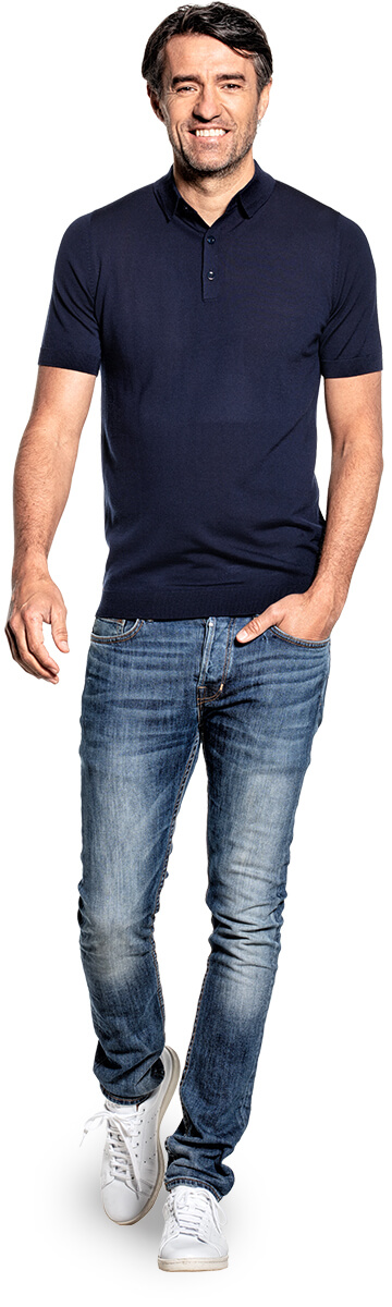 Riva Buttons Short Sleeve voor mannen gemaakt van merinowol in het Donkerblauw