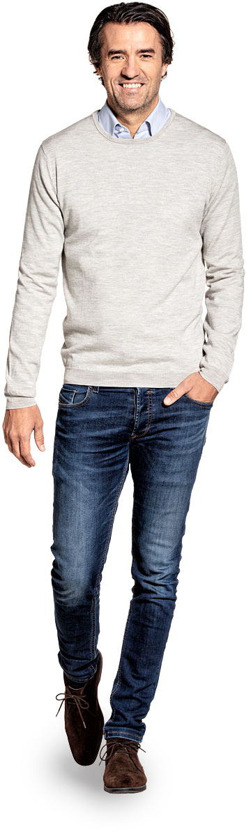 Yak wool crew neck sweater for men made of Merino wool in Light grey