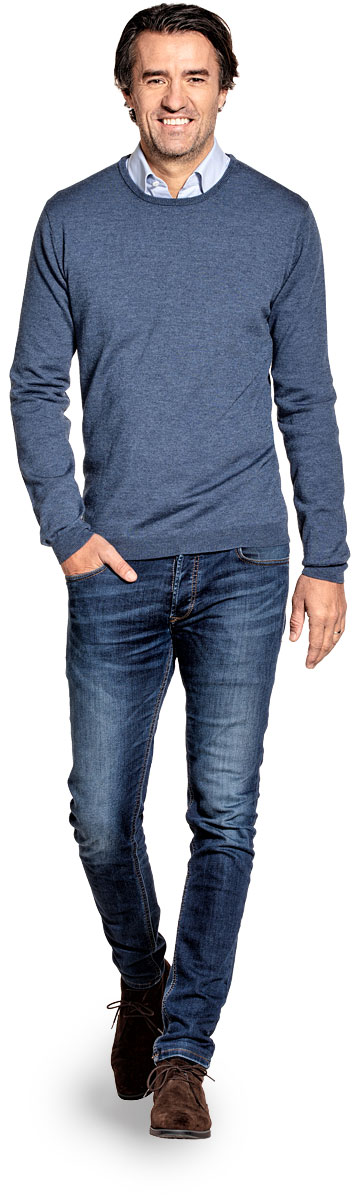 Yak wool crew neck sweater for men made of Merino wool in Blue