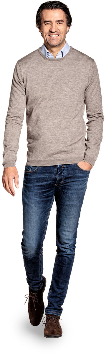 Yak wool crew neck sweater for men made of Merino wool in Beige