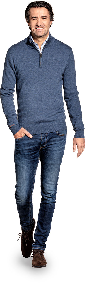 Yak wool half zip sweater for men made of Merino wool in Blue