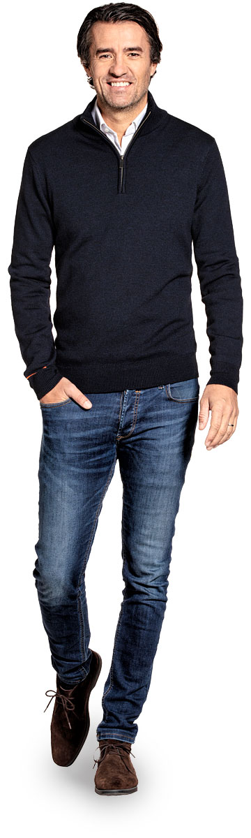 Yak wool half zip sweater for men made of Merino wool in Dark blue