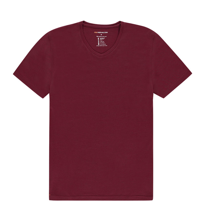 Merino V hals T-shirt in het rood