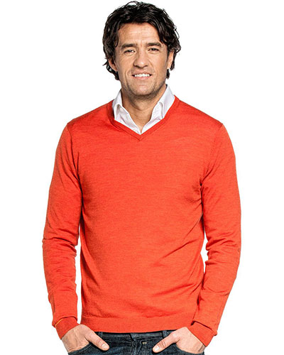 Orangefarbener Wollpullover mit V-Ausschnitt