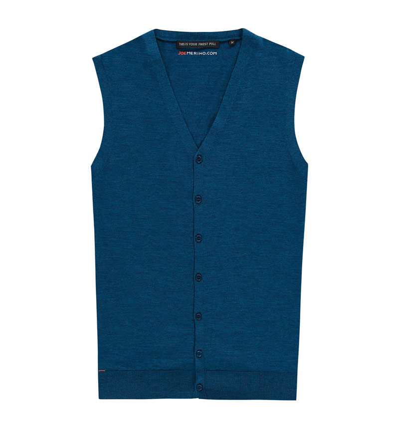 Wolle Strickjacke Herren Knöpfe blau ohne Ärmel